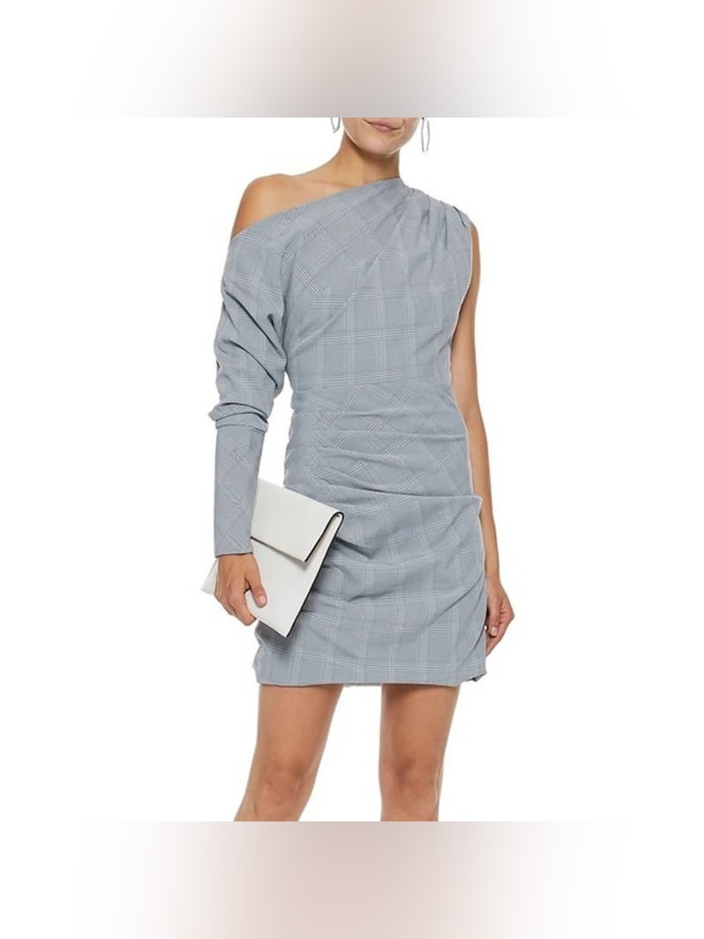 NWT Walter Baker Lindsey Gray Plaid Ruched Long-Sleeve One Shoulder Dress Size 4